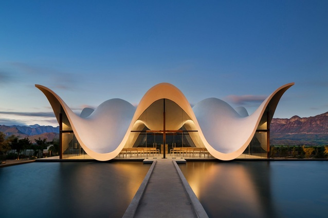 Exterior: Bosjes Chapel, Ceres, Cape Town, South Africa, by Steyn Studio, photographed by Adam Letch.