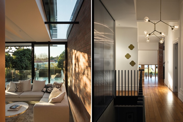 Glazing separates the core of the dwelling from the brick wall; Max Gimblett quatrefoils and Douglas and Bec chandeliers brighten the hallway.