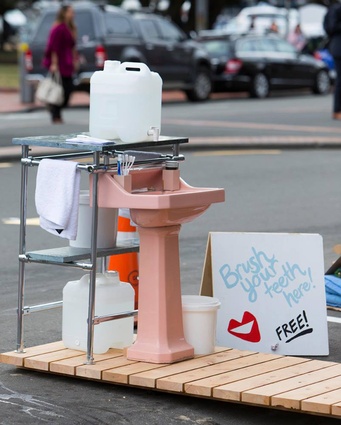 'Tooth Brush Station' installation for Wellington Parking Day in 2016. Brush your teeth for free!
