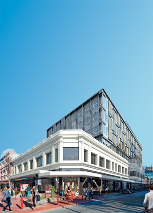 A rendering of the finished building with the new floors rising above the heritage façade.