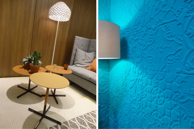 Elitis wall covering at Hospitality Design Expo 2014 highlights the predilection for textures and the return of teal to hospitality interiors. 