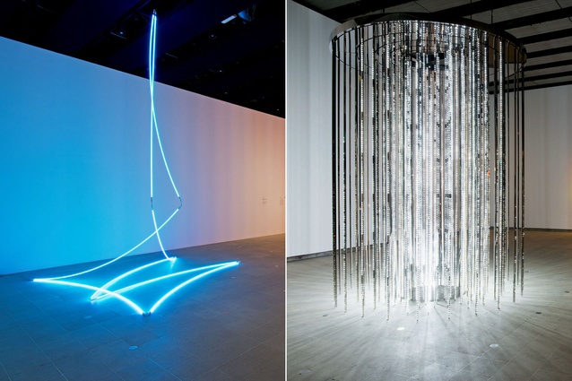 Left: <em>Lamentable,</em> by Francois Morellet, 2006; Right: <em>Cylinder II</em> by Leo Villareal, 2012.