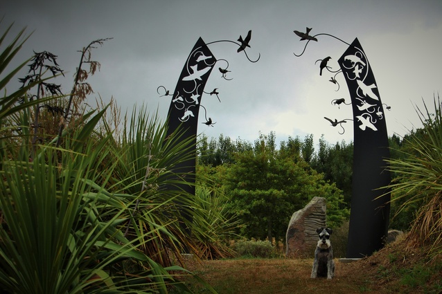 Bing Dawe's gateway of steel and bronze, part of the permanent collection at Tai Tapu Sculpture Garden.
