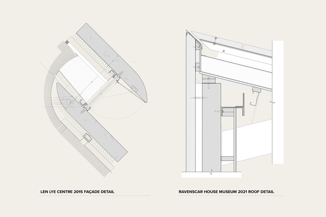 Len Lye Centre 2015 façade detail; Ravenscar House Museum 2021 roof detail.