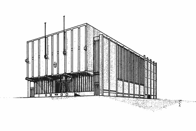 Assembly Hall perspective image (enlarged) from the title sheet of the structural
drawings. Scanned image of a print from original ink on tracing paper drawing. Orchard and Allison Architects 1965. Digital file obtained from Christchurch City Council archives, held by Wilkie + Bruce Architects.