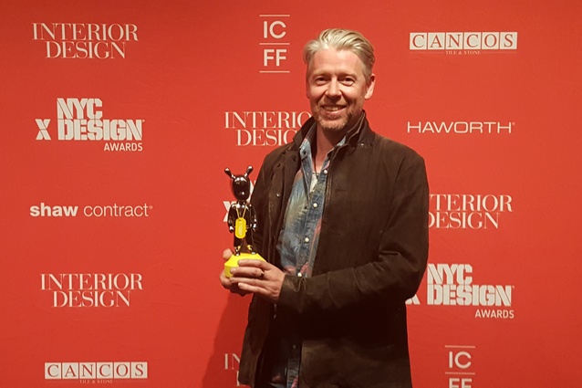 Inventor of Kaynemaile, Kayne Horsham, accepts the NYCxDesign Award for Best Architectural Product.