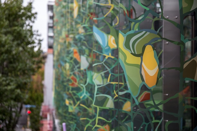 Artwork by Sara Hughes adorning the New Zealand International Convention Centre, Auckland.