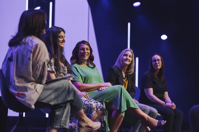 The ‘Women shaping innovation through technology’ panel: Jennifer Michtavy (HyperCinema), Laura Ciblich (RUN Aotearoa), Laura Heynike (Pocketspace Interiors) and Lauren Palmer (Fisher & Paykel Appliances).