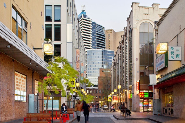 New street furniture, trees, paving and cobblestones in Chinatown, Sydney.