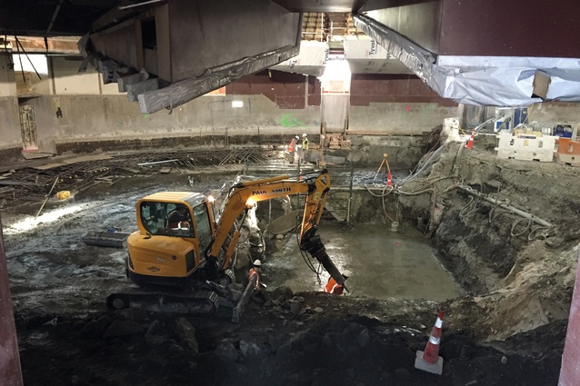 The stage pit being excavated in the Douglas Lilburn Auditorium.