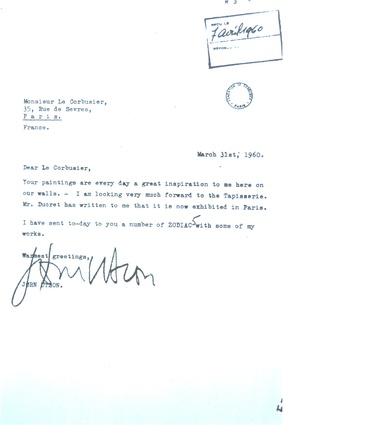 A letter from Jørn Utzon to Le Corbusier.