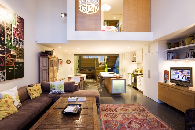 The main living area of one of the two homes that make up Whare Mahanga. Built in 2008, this project explores ideas of urban density, community, context and planning.