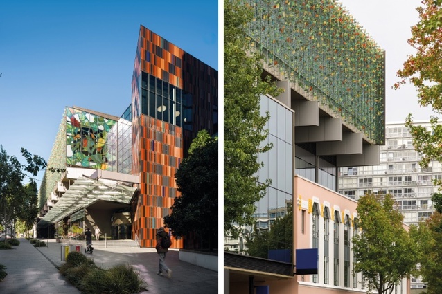 Left: Looking south along the NZICC’s Hobson Street elevation, with Peata Larkin’s sculptural ceramic wall in the foreground. Right: On the
building’s west-facing (Nelson Street) edge, the glass-clad plenary level is separated vertically from the remnant of the Berlei building.