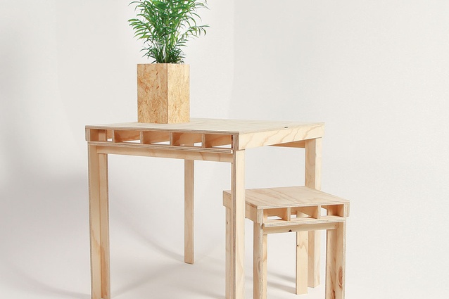 Like Butter’s use of ply has extended to a full-size shelving unit, along with a plyangle dining table and study table, seen here.