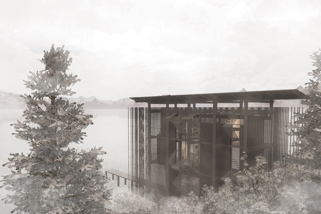 This exterior render shows the roof forming a strong line when meeting the sky: like the mountains as they rise from the lake.