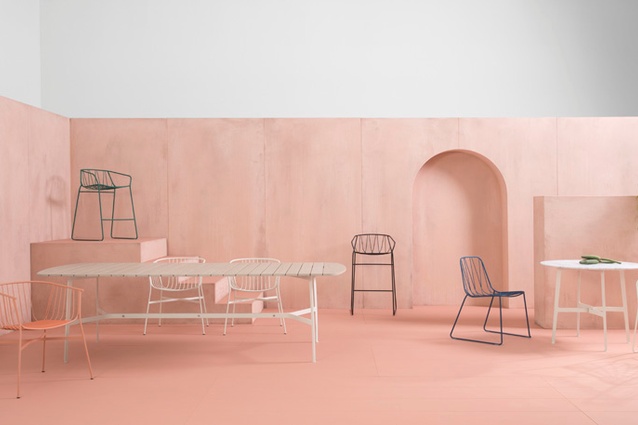 SP01 Outdoor by Tom Fereday. L-R: Jeanette chair, Eileen table, Chee stool, Eileen circular table.