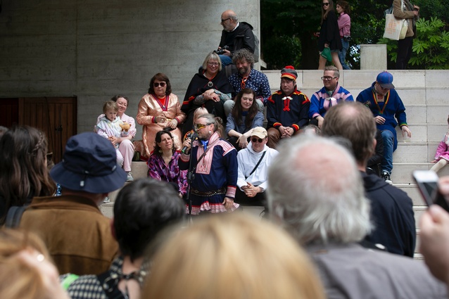 Joar Nango and Girjegumpi’s collaborators at the inauguration of ‘Girjegumpi_The Sámi Architecture Library’ by Joar Nango and co. at the Nordic Countries Pavilion.