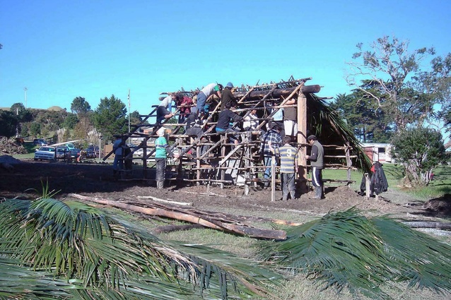 Nikau Whare in Kaipara Harbour, built by students in 2006 from Te Hononga, the Māori Architecture and Appropriate Technologies Centre at Unitec.