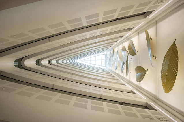 The atrium, embellished with an artwork of pōhutukawa leaves, rises like a tree in a small forest clearing.
