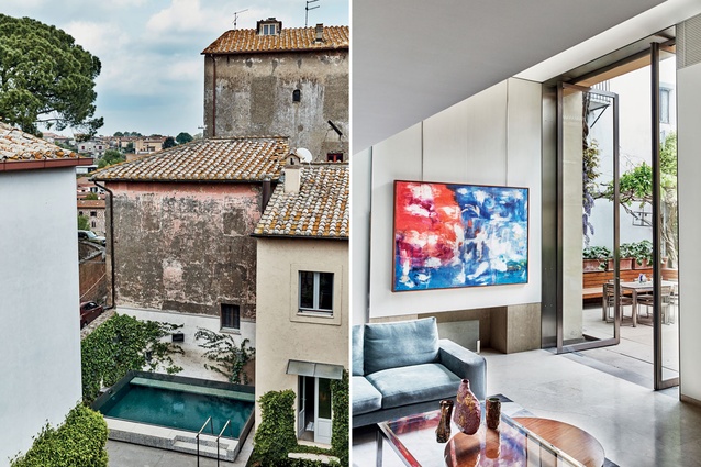 The house in the historic village of Nepi is surrounded by old townhouses with beautiful worn walls; from the living room there is access to the garden and pool.