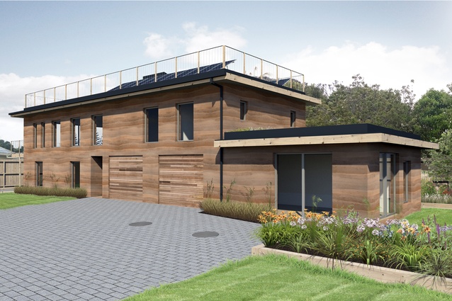 Render of the exterior of the Living House, designed by Collingridge and Smith Architects. The house will boast several solar panels on the roof balustrading.