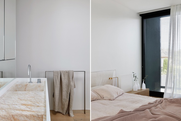 The marble found in the lush kitchen continues in a bathroom’s material palette, creating a sense of unity; rose-coloured linen can be found in one of the bedrooms.