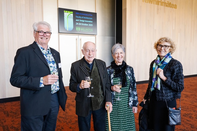 Mark Burry, John Daish, Janice Staines and Jane Burry at the Gala Dinner, held at Tākina.
