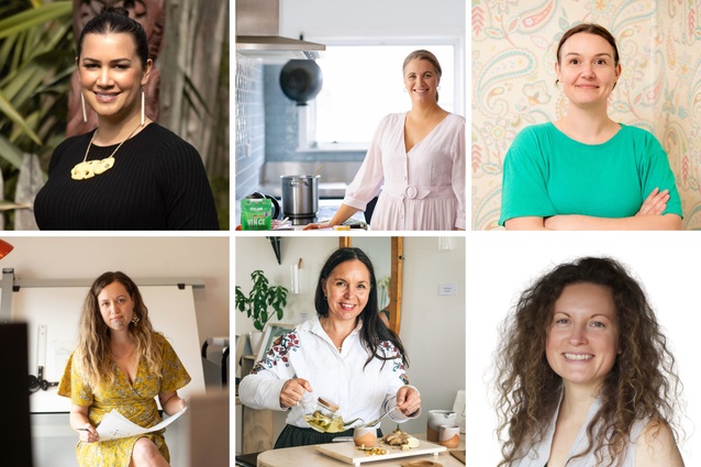 Clockwise from left: Genae Thompson (Poutawa), Debbie Stowe (Vince), Laura Nixon (Solid), Georgi Toma (Heart and Brain Works), Timmy Smith (PAUSE for Tea) and Jade Kake (Matakohe Architecture + Urbanism), 2024 Coralus Ventures recipients.