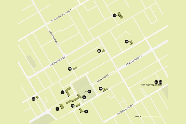City Guide: Papaioea, Palmerston North. Numbered map showing the location of each building in the itinerary.