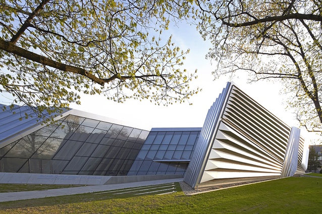 Eli and Edythe Broad Art Museum, Michigan by Zaha Hadid Architects, 2012. The striking façade of pleated stainless steel and glass creates a sculptural feel to the building.
