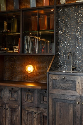 Waiheke Whiskey Distillery & Brewery cabinetry, with 45-degree angled oak relating to the double ‘W’ logo motif branding.