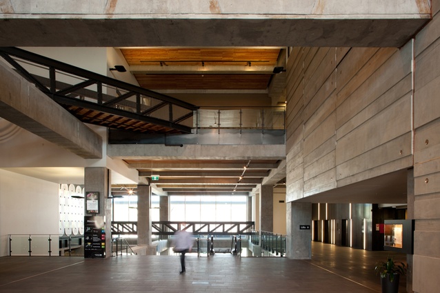 The existing structure and Athfield’s new interventions are strongly evident within this double-height internal space. 
