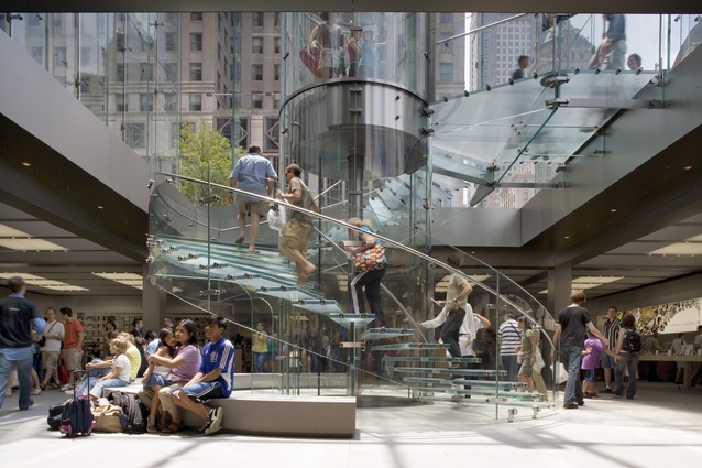 Apple Store, 5th Avenue, New York. Completed 2006. The project re-establishes the plaza and space below, a former unfulfilled public space, as an exceptional urban destination.