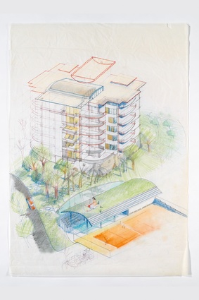 Marshall Cook drawing for proposed apartment building Bangkok, Thailand (1996). This building was realised in an abbreviated form.