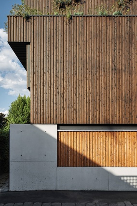 The house’s stepped form accommodates planter ledges that provide an important softening of the facade.