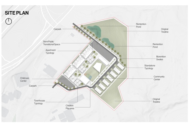 Site plan showing the spatial strategy: a central community core, perimeter water management and a hierarchy of housing typologies responding to flood zones and public circulation.