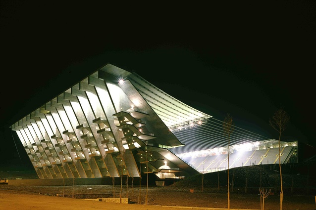 Located in Portugal, the Braga Sporting Club was built in 2003 by Eduardo Souto de Moura. Its steel strings are inspired by ancient South American Inca bridges.