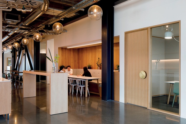 Melanie Kassian of Jasmax says, “We laid out the spaces so that shared, amenity-like print bays, circulation, kitchens, meeting spaces and bathrooms are all accessed centrally. This naturally draws people together and creates collisions.”