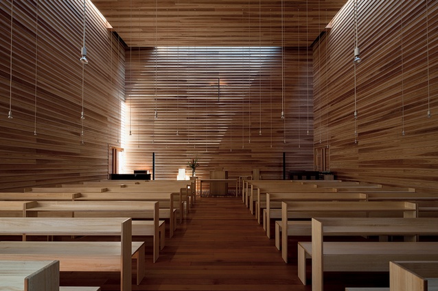 Tezuka Architects’ Church of Eaves, in Fukuoka, Japan, has a square plan and skylights on all four sides. A strip pattern appears on the walls at noon. 
