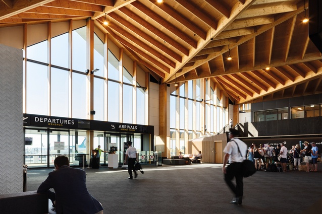 Folding timber roof structure at Nelson Airport Terminal, by Studio Pacific Architecture.