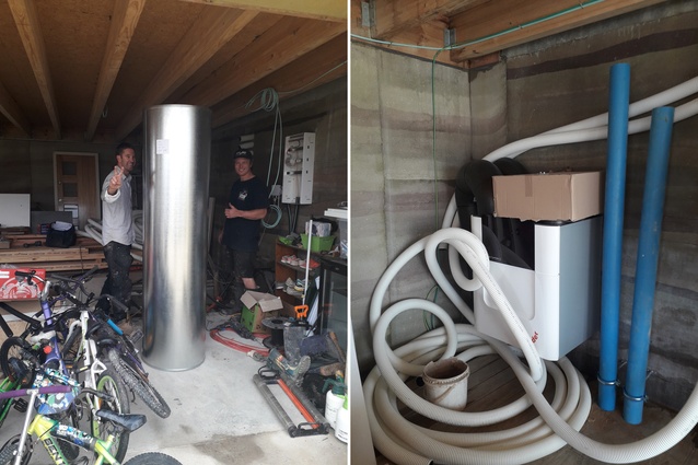 A Red List-compliant hot water cylinder was finally found so the Payne family can have hot water in their tiny home; the Zehnder mechanical heat recovery ventilation system with it’s "spaghetti-system" of ducting.