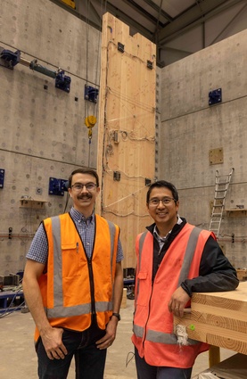 PhD student Ben Moerman and Associate Professor Minghao Li have been testing large cross-laminated timber walls at the Structural Engineering Laboratory at the University of Canterbury.