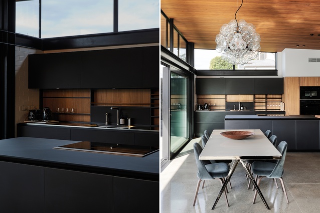 The Poliform kitchen from Studio Italia is smart and sophisticated, with elm cabinetry and black soft-touch laminate on the back wall and island bench. In the dining area, an eye-catching <a 
href="https://ecc.co.nz/lighting/indoor/pendants-chandeliers/large-scale/fl303800-taraxacum"style="color:#3386FF"target="_blank"><u>Taraxacum 88 S1 pendant</u></a> from ECC is a focal point, above a <a 
href="https://www.studioitalia.co.nz/products/zefiro"style="color:#3386FF"target="_blank"><u>Zefiro dining table</u></a> from Flexform and <a 
href="https://www.studioitalia.co.nz/products/saarinen-conference-chair"style="color:#3386FF"target="_blank"><u>Saarinen Conference dining chairs</u></a> from Knoll, also available from Studio Italia.