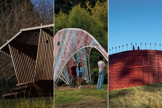 Recent final forms of Brick Bay Folly winners include (from left to right): <em>The Wood Pavilion</em> in 2019, <em>Jonah</em> in 2018 and <em>Te Takitaki</em> in 2017.