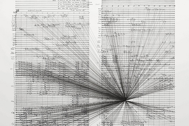 Marco Fusinato, Mass Black Implosion, 2007, ink on archival facsimile of score.