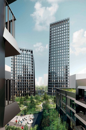 A rendering of Alison Brooks Architects’ Greenwich Peninsula Towers. The design comprises 400 residential units within a cluster of four residential towers of varying heights.