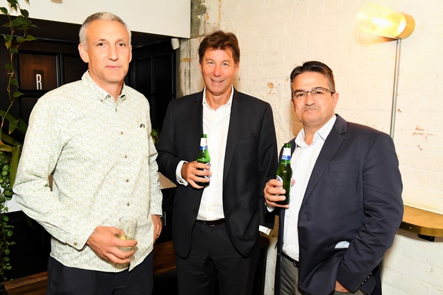 Simon Coombes (left) with managing director of Resene, Nick Nightingale (centre), and national sales manager of Resene, John Gerondis (right).