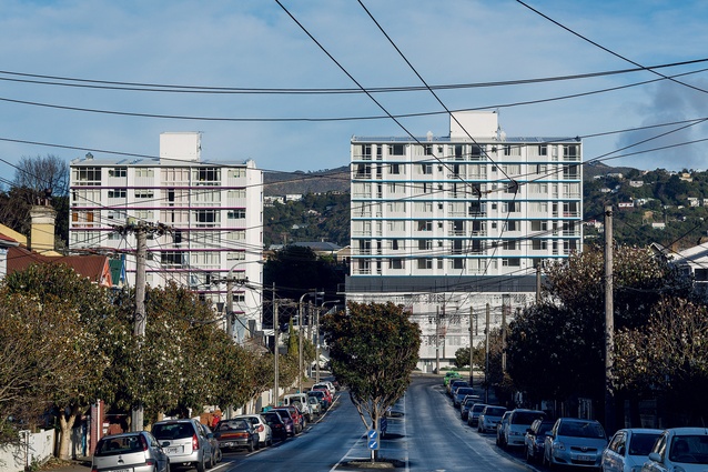 Constructed from 1967 onwards, on the site of an old tram depot, the Wellington City Council rental housing at Newtown Park consists of three large towers and three lower buildings.