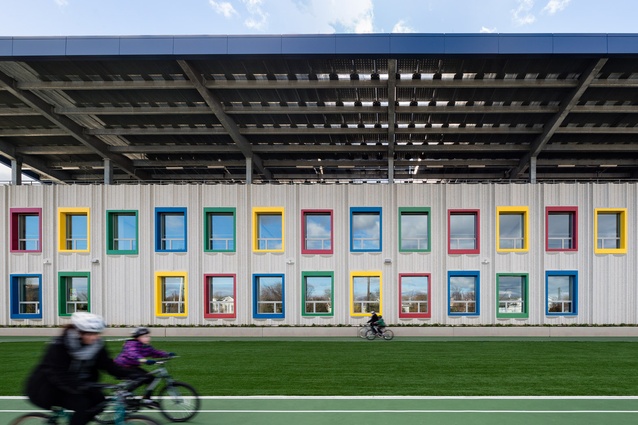 Kathleen Grimm School, Staten Island by SOM. The net-zero building features a large canopy that holds an array of solar panels that generate power for the school.