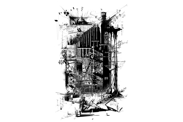 William du Toit, The Machine Stops: The Stamper Battery, 2021. Ink on paper, architectural notations, digital collage.